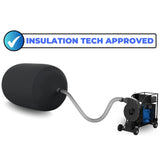 ECOWOLF black insulation vacuum bag with a hose connecting it to an insulation removal machine.