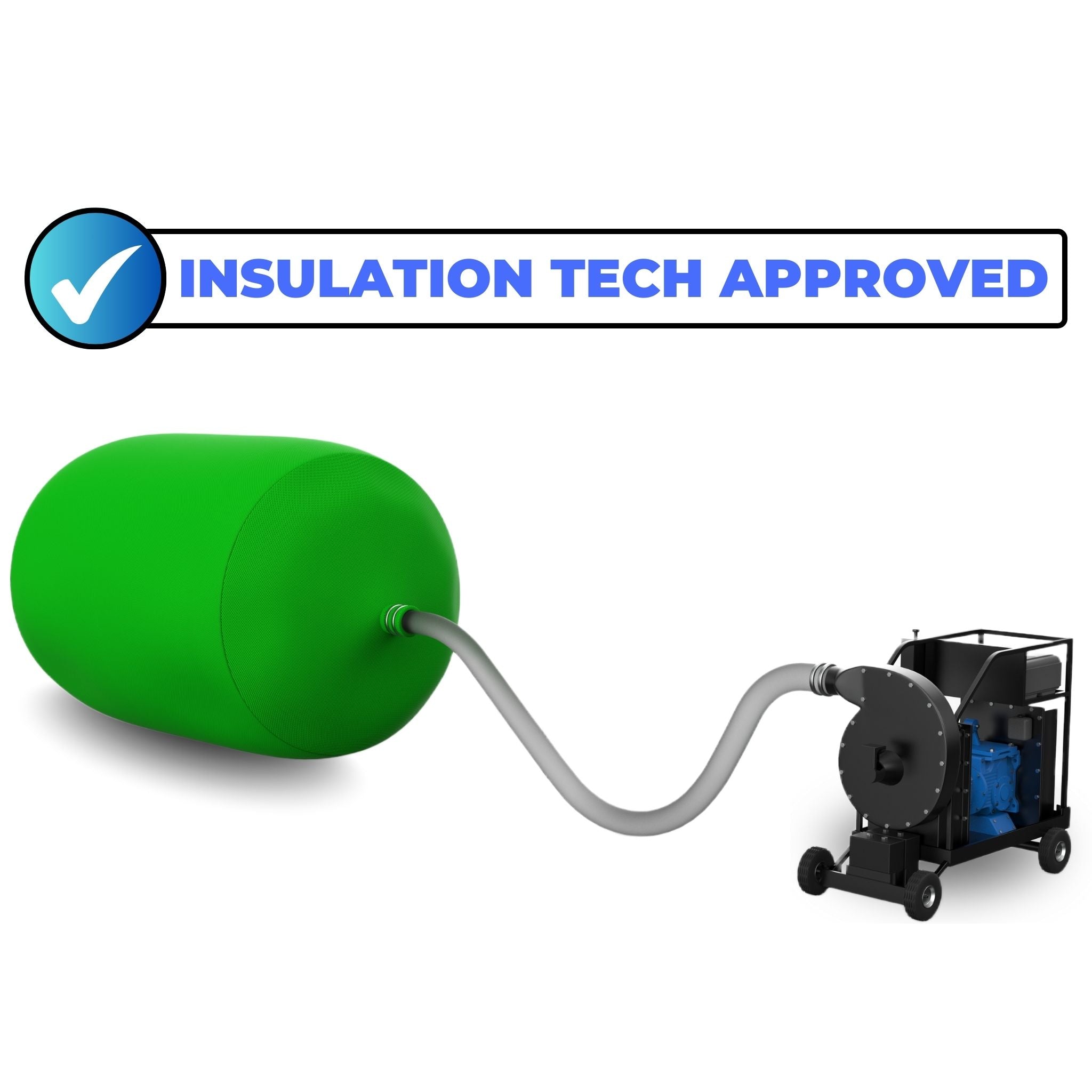 ECOWOLF green insulation vacuum bag with a hose connecting it to an insulation removal machine.